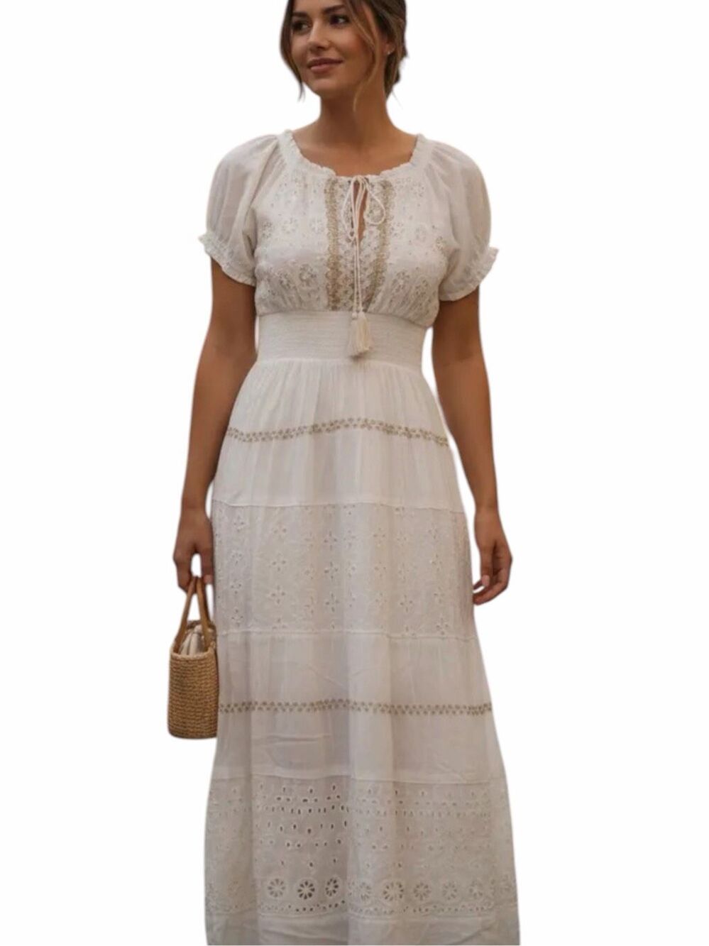 LILA MODAS Peasant Maxi Dress White Cotton Eyelet Lace Boho Size Medium